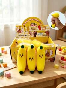 2PCS Cartoon Expression Yellow Banana Squishy Decompression Toy, Soft Stretchy Fruit-Style Stress Reliever, Lovely Mini Table Ornament, Unique Fruit Themed Gift For Squishy Toy Fans On Birthday And Holiday Occasions. - Multicolor - View 1