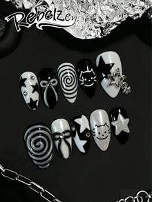 10pcs Handmade Vintage Y2K Press-On Nails, Medium Almond Shape Acrylic Nail Tips, Mirror Glossy Black & White Color Scheme, Cute Cat, Star, Bow, Spiral & Star Pendant Nail Art, Travel Essential, Suitable For Daily & Casual Wear, Easy To Apply & Reusable Nail Supplies, Short Summer Nail Art. Perfect Choice For Party, Friends Gathering, Birthday Gift. - Black and White - View 3