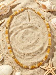 1pc European And American Bohemian Round Geometric Natural Stone Cracked Effect Beaded Short Necklace With Stainless Steel Accessories For Summer Beach Vacation - Stone Bead Stainless Steel Necklace - View 21