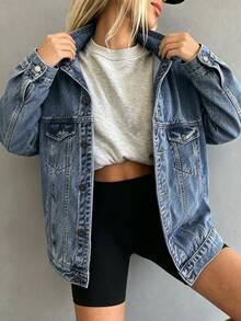Classic Women's Denim Jacket Suitable For All Seasons. 100% Pure Cotton Vintage Washed Jacket. Loose Fit, Versatile And Casual Top - Dark Denim Blue - View 4