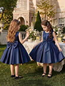 Young Girl Royal Blue Elegant Round Neck Beaded Decor Pleated Bow Tie Satin Short Dress For Birthday Party Celebration Wedding Flower Girl Princess Dress Prom Dress Back To School Graduation Ceremony Banquet Evening Gown - Royal Blue - View 10