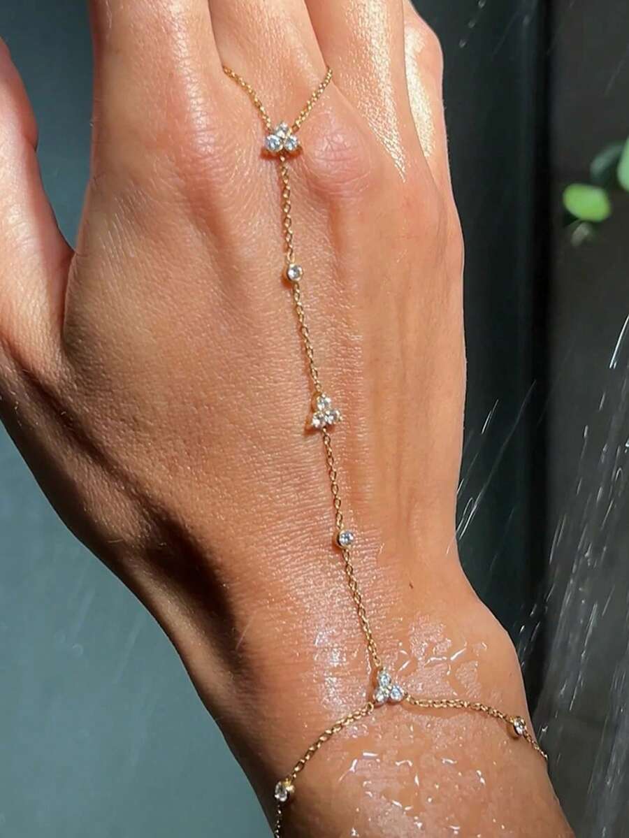 1件單排三角滿鑽馬眼鏈條手指手鍊,女款奢華極簡超閃亮飾品,海灘度假風手鍊 - 金色三角 - 查看 1