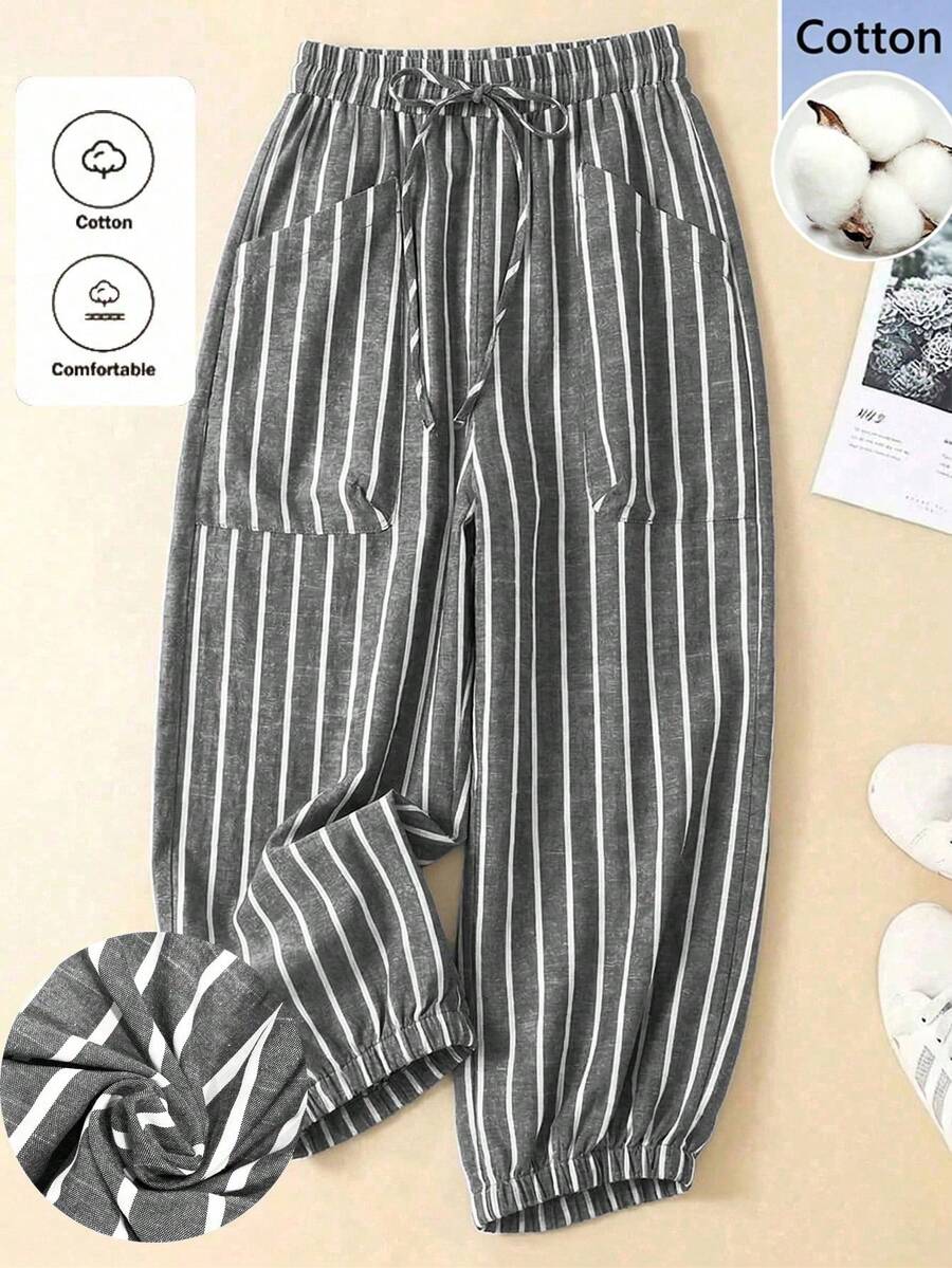 Pantalones casuales sencillos de bolsillo con lazo al frente de unicolor en talla grande, uso casual diario - Negro - Ver 1
