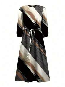 Elegant Long Arabic Style Dress, Bishop Sleeves, Round Neck, Abstract Print Woven Fabric Black - Black - View 7