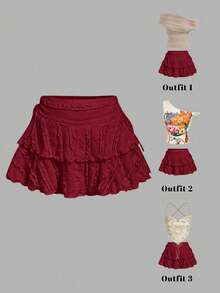 MOD Falda de pastel de unicolor con cordón y detalle de pliegue, para vacaciones, disfraz de carnaval, falda crema, falda casual, falda blanca - Rojo - Ver 1