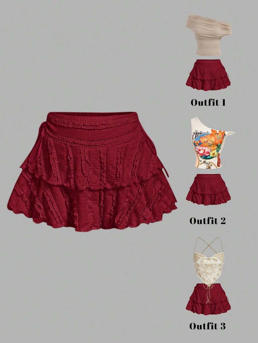 MOD Falda de pastel de unicolor con cordón y detalle de pliegue, para vacaciones, disfraz de carnaval, falda crema, falda casual, falda blanca - Rojo - Ver 1