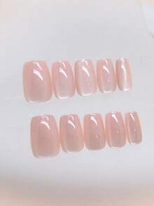 30pcs Short Square Handmade Sweet Style Pink Crystal Cat Eye Nail Tips With 1pc Nail File And 1pc Jelly Glue Nails - 彩色 - 查看 3