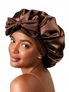 Awegeo 1件女款長款綁帶緞面長睡帽，護髮睡帽，居家睡眠帽 - 1Pc-long bonnet - 查看 5