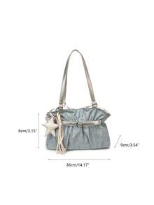 New Fashion Casual Solid Color Denim Fabric Tote Bag Star Pattern Pleated Fabric Women's Shoulder Bag - Baby Blue - View 11