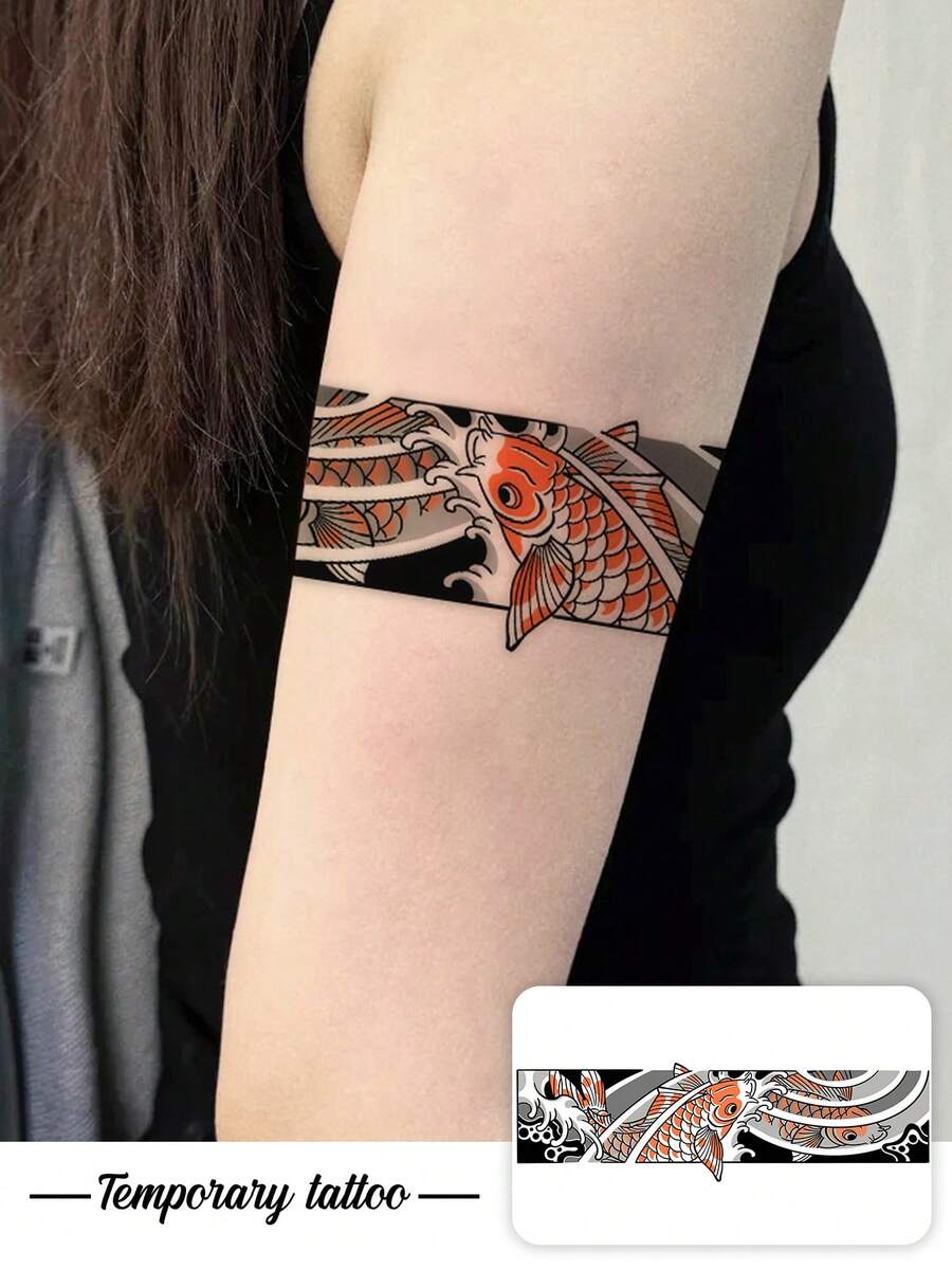 1pc Retro Ukiyo-E Koi Fish And Wave Armband Tattoo Sticker, With Realistic Tattoo Design. Suitable For Travel, Music Festivals, Games, Graduation Gifts. Lasts For 3-5 Days. - Multicolor - View 1