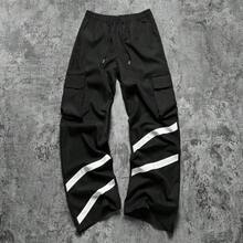 Men's Black Drawstring Waist Side Diagonal Reflective Stripe Cargo Wide Leg Long Pants - Black - View 2