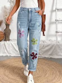 Sweet Casual Elegant Bohemian Denim Embroidered Pocket Zipper Button Women's Jeans Country Music Concert Travel Daily Home All Seasons - Light Wash - View 2