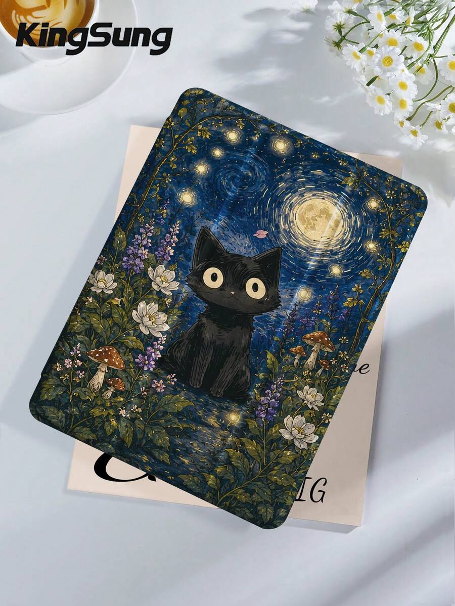梵谷星夜圖案黑貓平板保護殼，相容於 iPad 9.7/10.2/10.5/10.9/12.9/Pro 11、第10代、Galaxy Tab S6 Lite 10.4"、Kindle Paperwhite 第12代 2024、Kindle (第11代) 2022，柔軟防震保護，智慧支架/自動喚醒/休眠