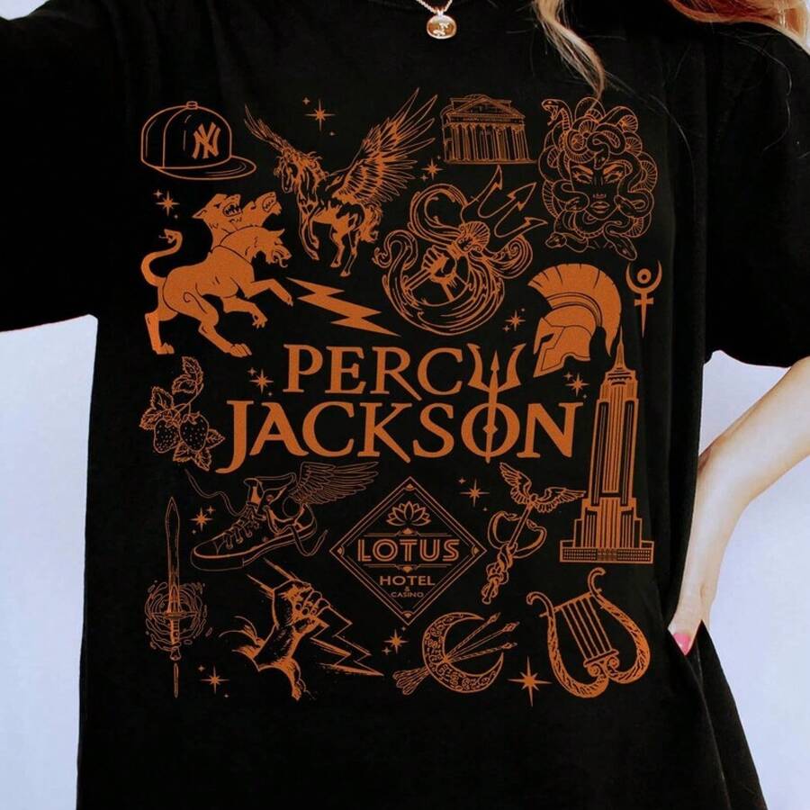 Camiseta con diseño de dibujos de y los Olympianos, Camiseta con símbolo de la mitología del dios griego, Camp Half - Negro - Ver 1