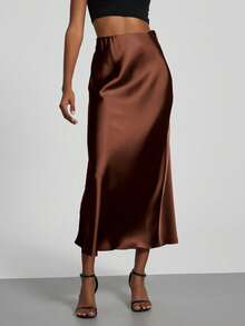 Falda maxi de satén con textura elástica de moda para mujer - Rojo Primavera - Castaño marrón - Ver 1