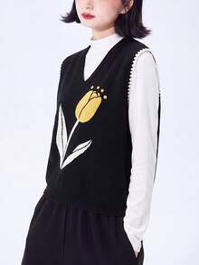 Alicedudu Women's Autumn Artistic Floral Pattern V-Neck Pullover Sweater Vest Black Fall - Black - View 2