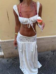 Women 2 Piece Cover Up Set Tie-Up Cami Tops And Patchwork Lace Low Rise Long Skirt For Beach Party - White - View 1