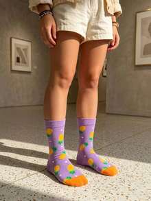 Summer Comfortable Pineapple Jacquard Mid-Calf Women's Socks, Light Purple Fruit Pattern Casual Elastic Neutral Socks For Women - Multicolor - View 3