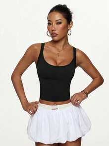 Solid Color Backless Cropped Sports Tank Top Casual Black - Black - View 8