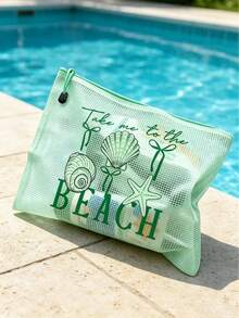 PVC 化妝包，多色防水時尚網格海灘包，印有「BEACH」海星圖案化妝包，海灘主題。大容量透明化妝包，尼龍拉鍊盥洗包，輕巧，可存放防曬霜、零食、比基尼和海灘必需品。春/夏收納，適用於游泳、度假、返校、宿舍日常使用 - 彩色 - 查看 3