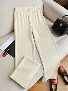 HOMEYEE Women's Fashion Casual Ribbed Knit Straight Leg Pants With Pockets, Long Design, Suitable For Daily Wear, Autumn - Apricot - View 3