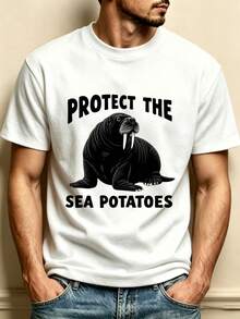 Camiseta de hombre con estampado de morsa y patatas marinas - Camiseta casual de cuello redondo con estampado de morsa, adecuada como regalo para amantes de la naturaleza, vestimenta casual - Negro - Ver 1