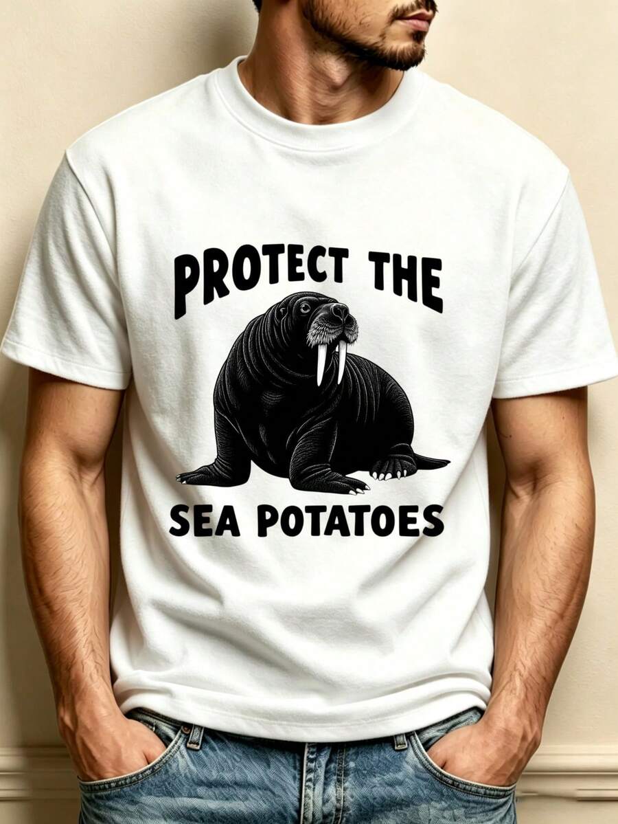 Camiseta de hombre con estampado de morsa y patatas marinas - Camiseta casual de cuello redondo con estampado de morsa, adecuada como regalo para amantes de la naturaleza, vestimenta casual - Negro - Ver 1