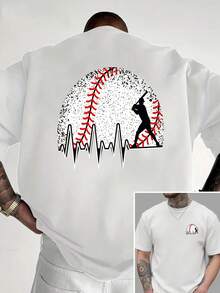 Camiseta de cuello redondo para hombre, con estampado de ECG a doble cara con temática de béisbol, estilo casual deportivo, moderna, a la moda, de corte holgado, de manga corta para estudian - Blanco - Ver 1