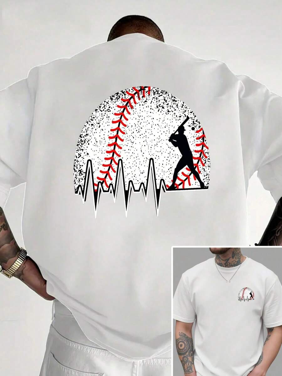 Camiseta de cuello redondo para hombre, con estampado de ECG a doble cara con temática de béisbol, estilo casual deportivo, moderna, a la moda, de corte holgado, de manga corta para estudian - Blanco - Ver 1