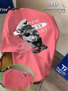 Estampado de retazos de una estatua rota de David combinado con la inscripción VENI VIDI, estampado doble en la parte delantera y trasera, camiseta de manga corta estilo casual urbano a - Blanco - Ver 9