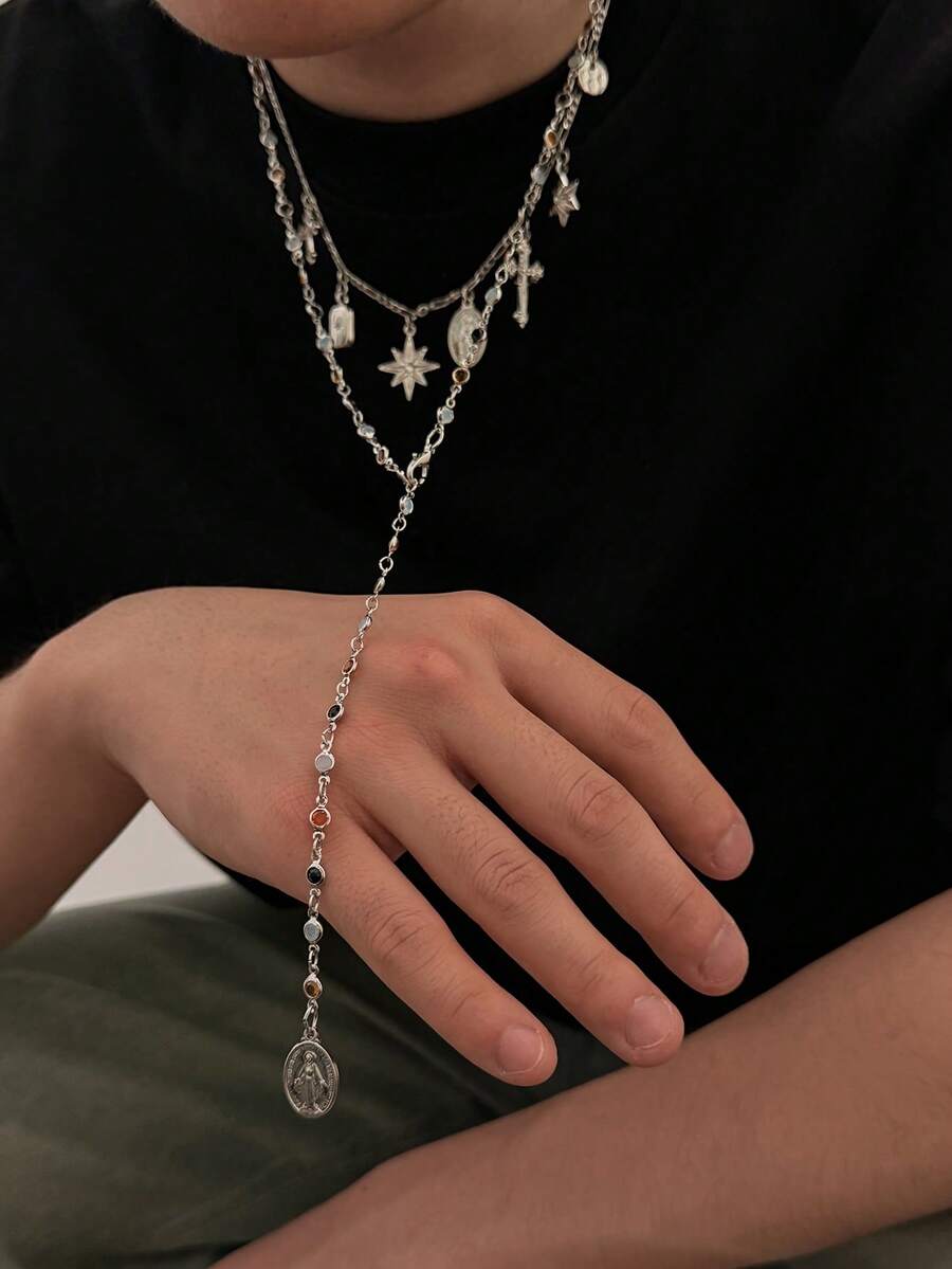2pcs/Set Men's Double Layer Y-Shaped Necklace Set, Silver Tone Colorful Rhinestone Cross And Virgin Mary Pendant Necklace, Gothic Street Style Jewelry