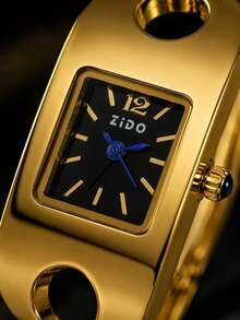 1pc Women's Gold Bangle Quartz Watch, Rectangular Hollow Bangle Wristwatch, Black Dial Blue Hands, Jewelry Style Formal Watch, Gift For Women And Girls - Gold - View 3