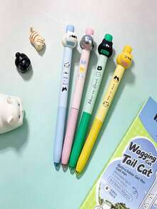 1pc/4pcs Pressable Wiggling Tail Cat Neutral Pen, 3D Cartoon Cat Head Clickable Black Ink Pen, Quick-Dry Smooth Writing Student Office Stationery, Student Girl Stationery Gift, Smooth Writing Student Office Stationery, Suitable For Office And Study, Birthday Gift For Friends - Cartoon - View 3