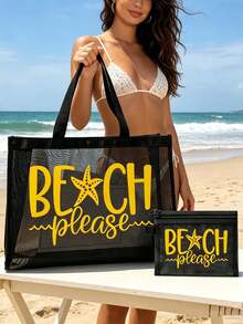 網格托特包套組，彩色「Please Beach」字樣與海星設計，網格化妝包，海灘手提包，休閒度假包，可折疊大容量游泳包，夏季必備，適合學校、度假、開學使用，送給朋友和老師的理想禮物 - 彩色 - 查看 2