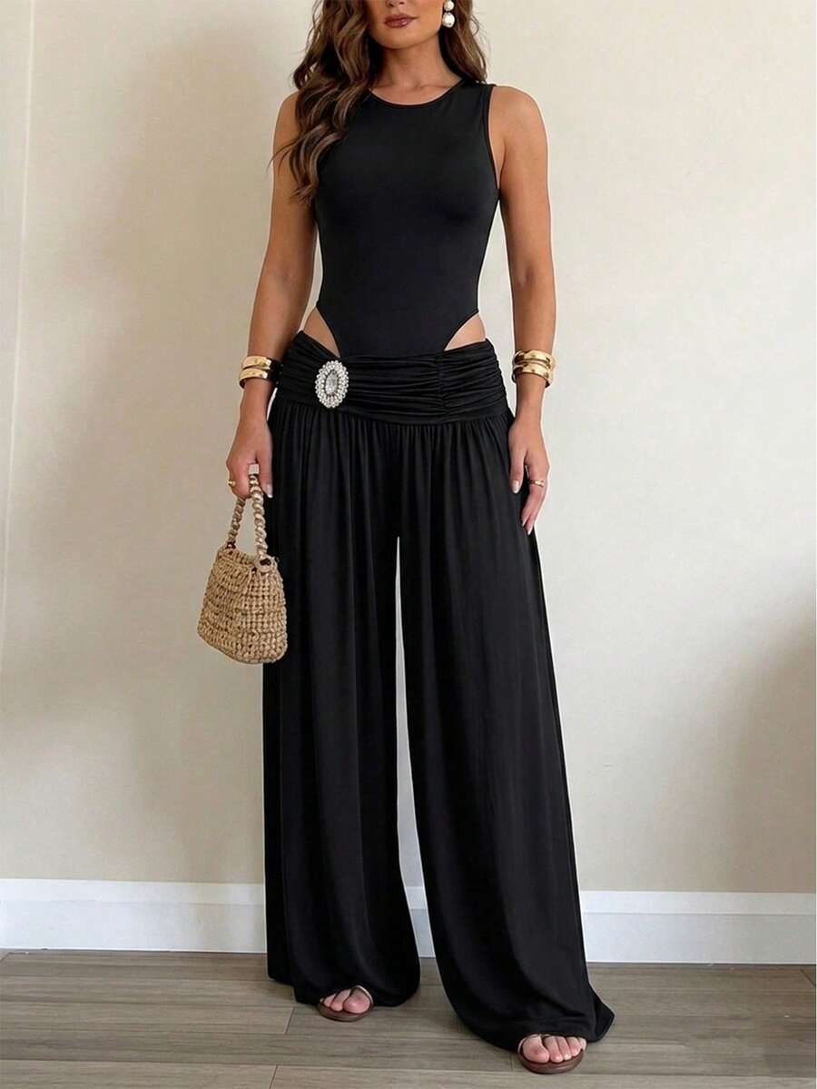 ChicMe Women 2 Pieces Outfits Sleeveless Slim Fit Bodysuit With Rhinestone High Waist Ruched Wide Leg Pants Set Tracksuit Clubwear - Black - View 1