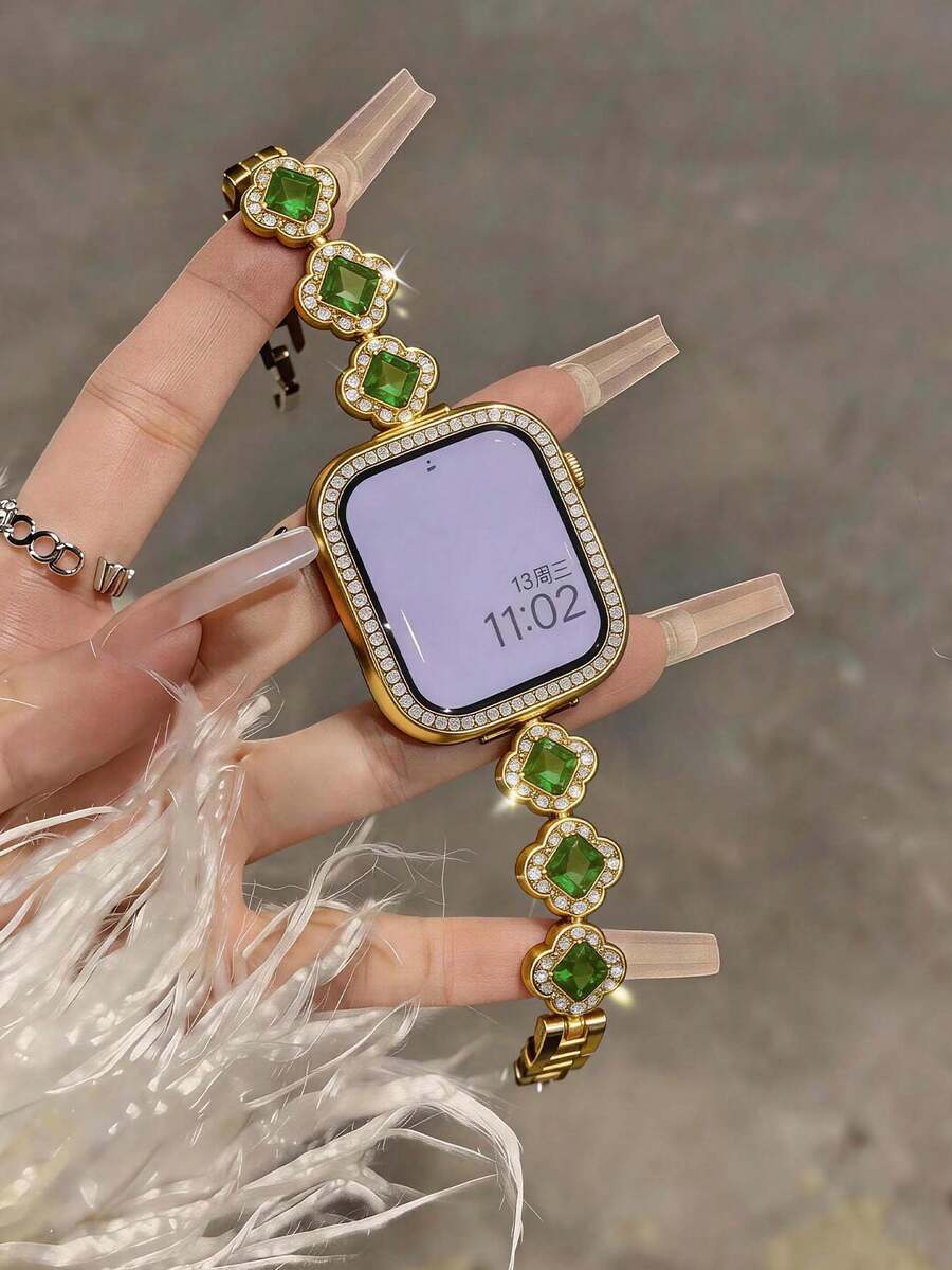 Huastonband 女款金色手鍊錶帶，適用於 ，時尚鑽石鑲嵌花卉設計金屬不鏽鋼腕帶，相容 38/40/41/42/44/45/46/49mm 系列 Ultra/SE/S11/S10/S9/S8/S7/S6/S5/S4/S3，優雅夏季女款珠寶金色海灘配件