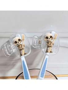 2pcs Portable Toothbrush Holders Featuring A "Skull Holding A Toothbrush" Design-Suitable For Home And Travel Use. Features Protective Case For Storage And Organization. Ideal For Home Use And Travel; A Stylish, Durable Oral Care Accessory.Halloween - A - View 7