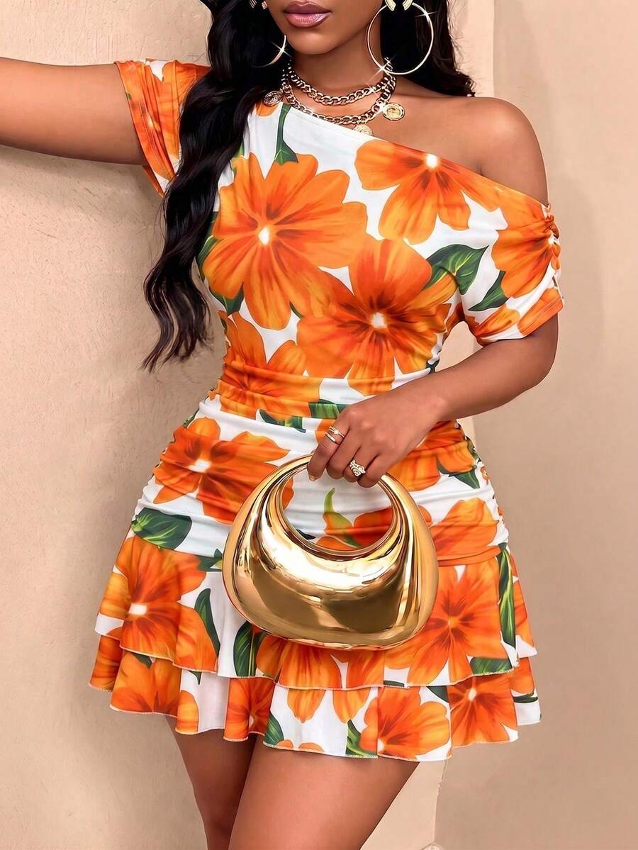 Elegant Mini Dress For Parties And Daytime Events, Featuring An Asymmetrical Neckline, Long Sleeves, Gathered Details, And A Double Ruffle, Made Of Apricot-Colored Knit Fabric For Women. - 灰綠 - 查看 1