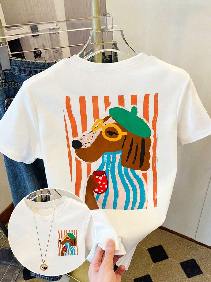 DrmWander Women's T-Shirt, Short Sleeve Graphic Tee, Casual Street Style, Cute Summer Top - 多色5 - 查看 1