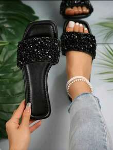 1 Pair Flat Slide Sandals/Solid Color Flat Design Shiny Upper Exquisite Design Rhinestone Decor Easy To Put On And Take Off Easy To Clean Elegant Sophisticated Fashion Versatile Suitable For Daily Wear Shopping Dating Vacation Travel Must-Have Slide Sandals - Black - View 4