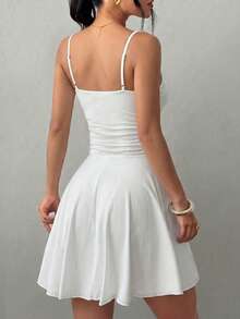 Sexy Fashion Versatile Daily Adjustable Spaghetti Strap Ruched Waist Ruffle Hem A-Line Mini Dress Spring Summer New Elegant - White - View 3