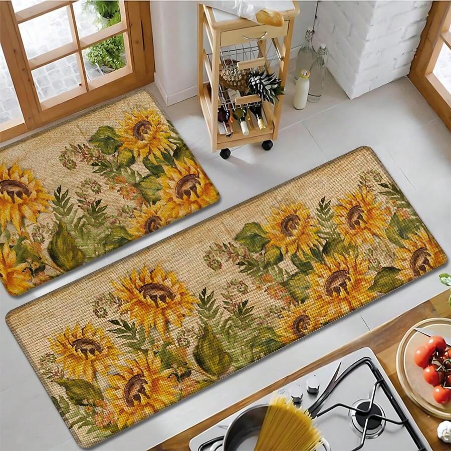 1pc, Home Decor, Sunflower Pattern Print, Linen Kitchen Rug, Kitchen Mat, Floor Mat, Bathroom Mat, Door Mat, 3D Print Rectangular, Suitable For Living Room, Bedroom, Hallway, Bathroom, Laundry Room - Polyester Carpet, Suitable For Indoor And Outdoor Home Decor - Multicolor - View 1