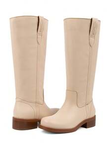 Women Campus Knee High Boots Square Toe Riding Boots Vintage Pull On Riding Boots Wide Calf Boots Chunky Block Low Heel Moto Boots - Beige - View 8