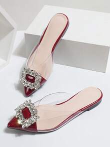 Square Buckle Rhinestone Closed Toe Slippers Women's Outdoor Wear Summer 2026 New French Style Slouchy Mule Sandals - Red - View 7
