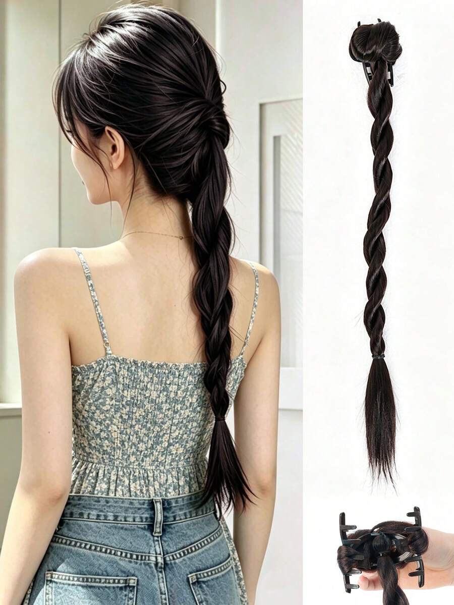 18 Inch Brown Black Long Braided Wig, Synthetic Material Clip-In Braided Bun, Easy To Wear, Ponytail Style - Multicolor - View 1