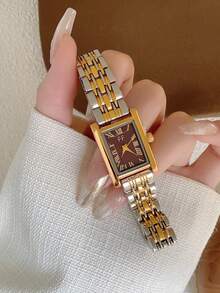 1pc Rectangular Dial Women's Quartz Watch, Roman Numeral Design, Suitable For Daily Wear, Ideal Gift Choice - Silver and Gold - View 6