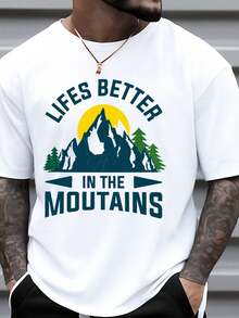 Camiseta de hombre con estampado divertido de montaña - Lema La vida en la montaña mejor - Camiseta de manga corta y cuello redondo% transpirable, adecuada para aventuras al aire li - Blanco - Ver 1