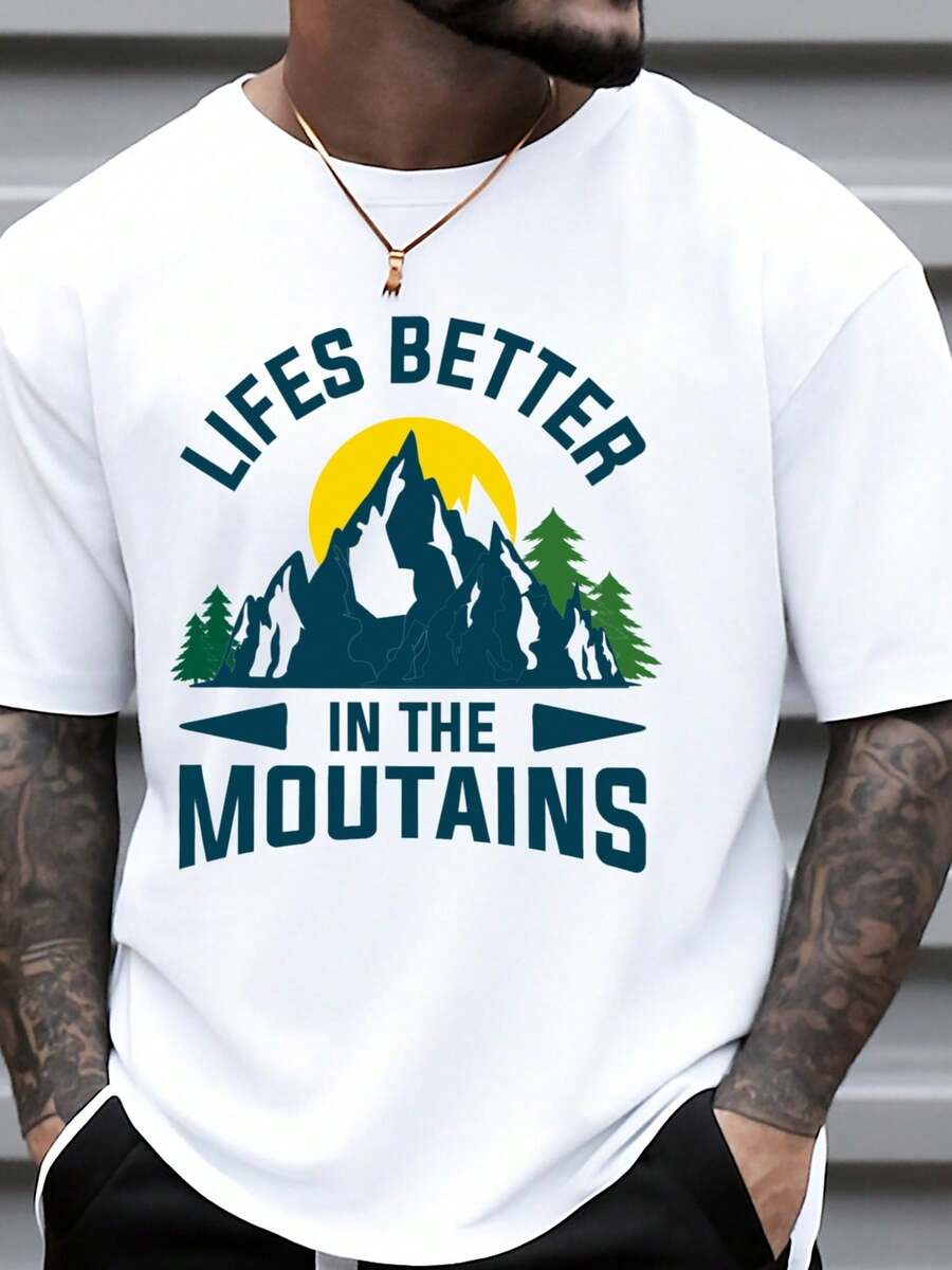 Camiseta de hombre con estampado divertido de montaña - Lema La vida en la montaña mejor - Camiseta de manga corta y cuello redondo% transpirable, adecuada para aventuras al aire li - Blanco - Ver 1
