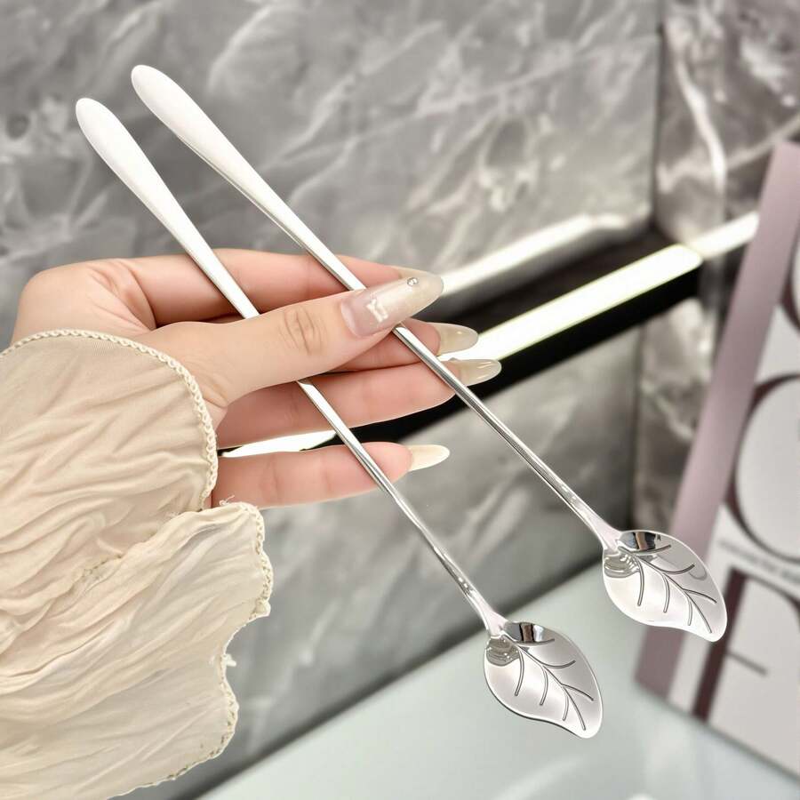 304 Stainless Steel Stirring Spoon, Long Handle Bar Spoon, Ice Spoon & Fork, Creative Leaf-Shaped Spoon & Fork, Mango Spoon & Fork, Honey And Dessert Spoon & Fork - Multicolor - View 1