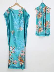 1件仿絲花卉印花罩衫披肩附小圍巾套組，女款外套裝飾，海灘防曬、防風、防曬，日常穿搭 - 彩色 - 查看 3